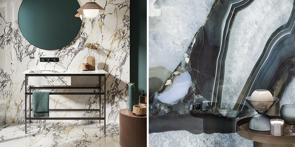 (Left) Sicilian gold polished porcelain wall tiles, (Right) Agate royal blue polished porcelain wall tiles